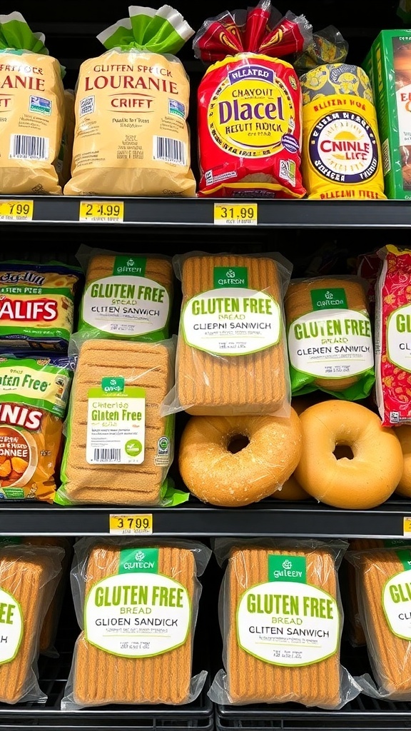 A variety of gluten-free bread options on a grocery store shelf, including sandwich loaves, rolls, and bagels.